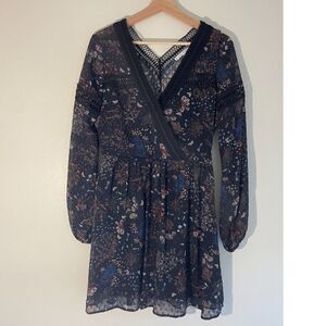 Dark Floral Babydoll Dress Sheer Chiffon Lace Accents Size Small Whimsigoth Boho